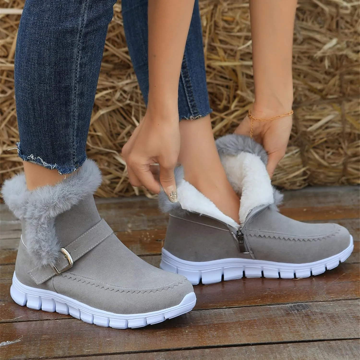 Ladmiple Snow Boots For Women Wide Calf Winter Boots Slip on Insulated Fur Lined Cold Weather Comfortable Warm Ankle Booties