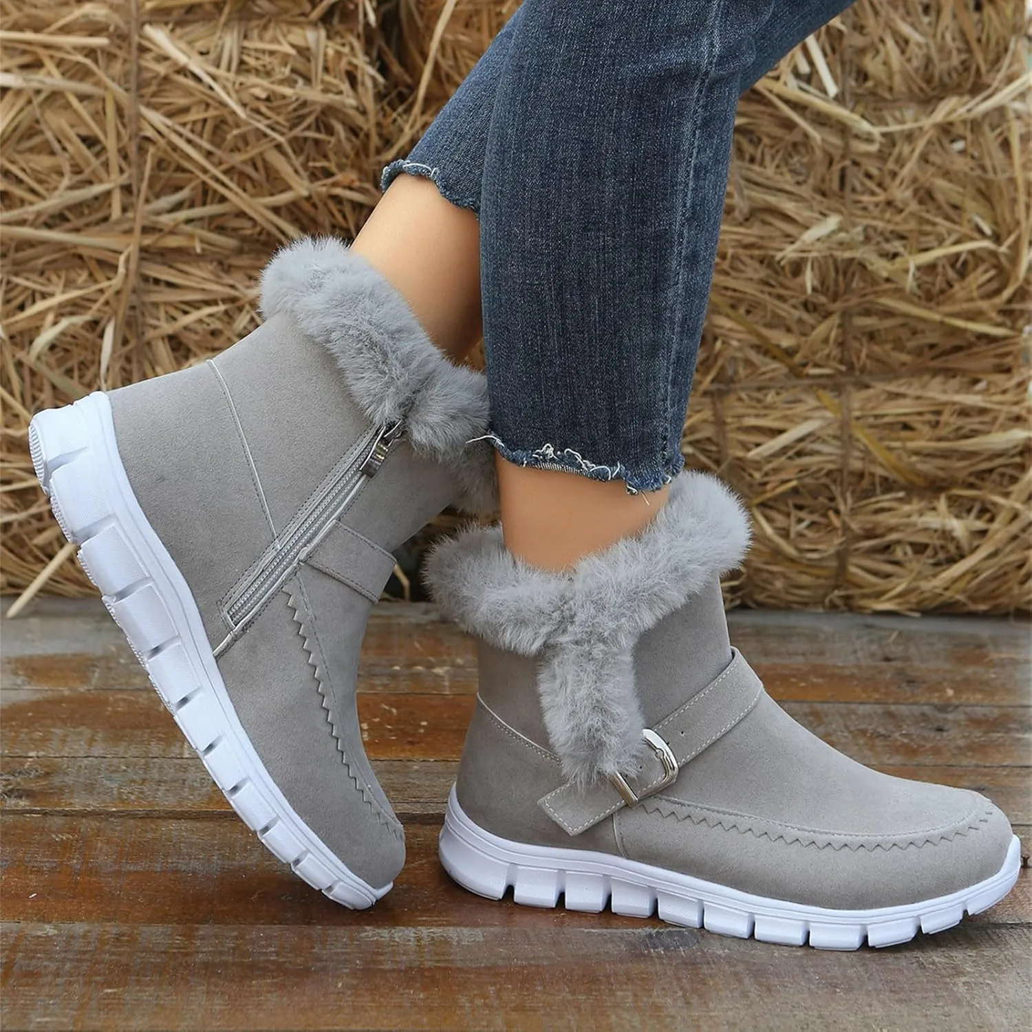 Ladmiple Snow Boots For Women Wide Calf Winter Boots Slip on Insulated Fur Lined Cold Weather Comfortable Warm Ankle Booties
