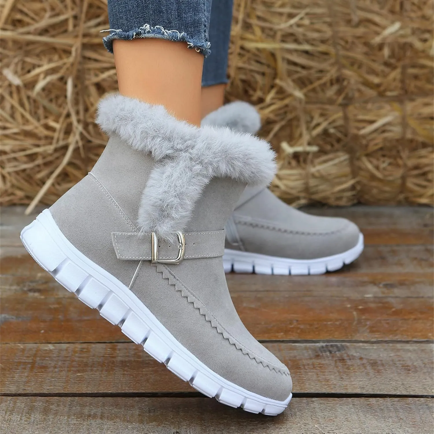 Ladmiple Snow Boots For Women Wide Calf Winter Boots Slip on Insulated Fur Lined Cold Weather Comfortable Warm Ankle Booties