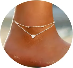 Layered Ankle Bracelets for Women 18K Gold Plated Dainty Fishbone Snake Chain Fine Bead Paperclip Peach Heart Anklets for Women Waterproof Minimalist Simple Anklets Fashion Summer Jewelry Anklet For Women