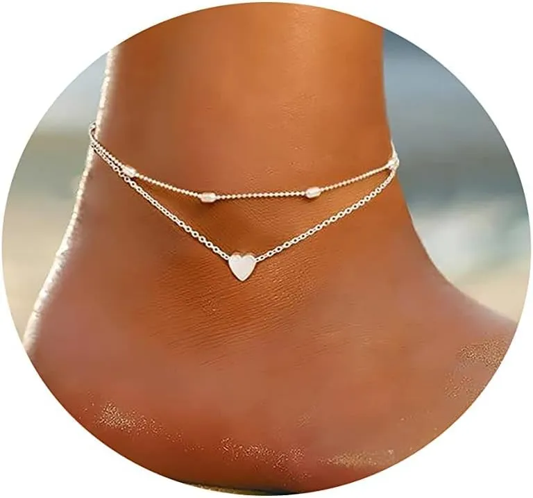 Layered Ankle Bracelets for Women 18K Gold Plated Dainty Fishbone Snake Chain Fine Bead Paperclip Peach Heart Anklets for Women Waterproof Minimalist Simple Anklets Fashion Summer Jewelry Anklet For Women