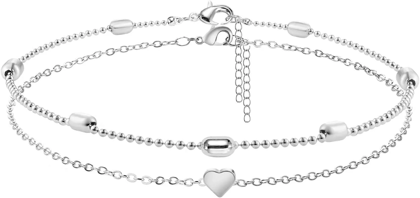 Layered Ankle Bracelets for Women 18K Gold Plated Dainty Fishbone Snake Chain Fine Bead Paperclip Peach Heart Anklets for Women Waterproof Minimalist Simple Anklets Fashion Summer Jewelry Anklet For Women