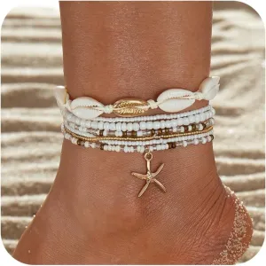 Layered Seashell Anklets for Women Cowrie Shell Starfish Pearl Ankle Bracelets Adjustable Gold Bohemian Beads Anklets Summer Beach Foot Jewelry Accessories