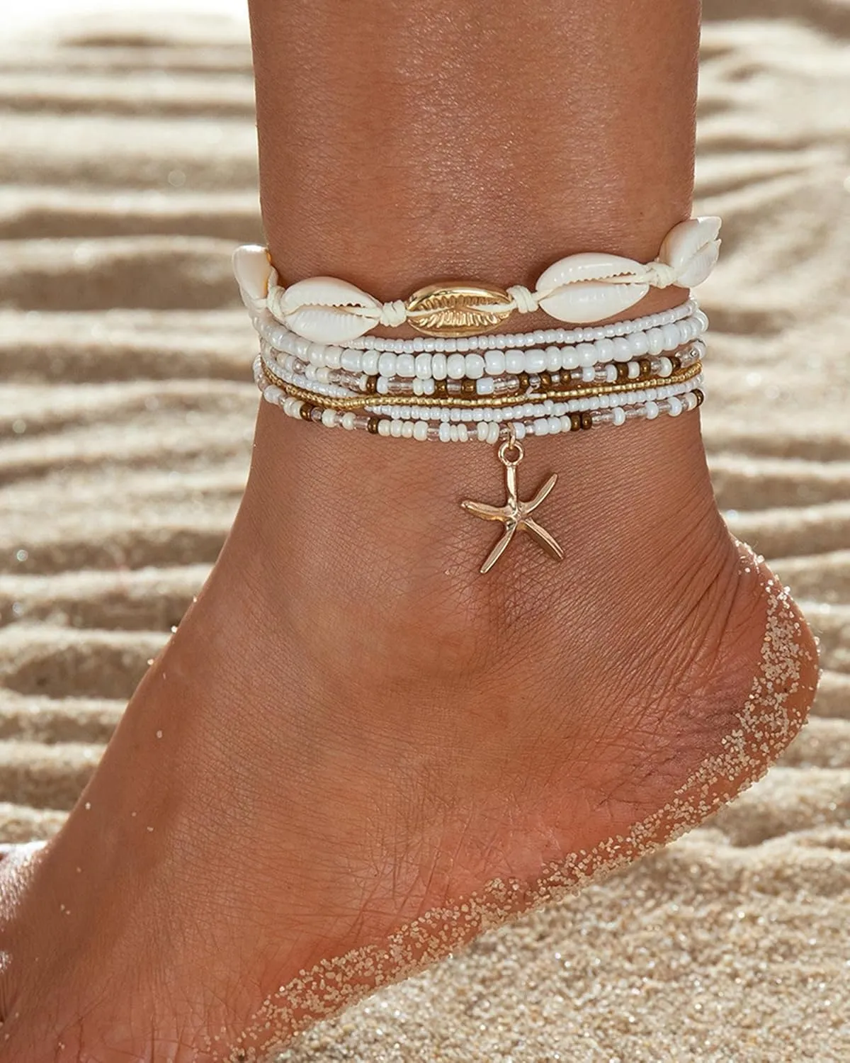 Layered Seashell Anklets for Women Cowrie Shell Starfish Pearl Ankle Bracelets Adjustable Gold Bohemian Beads Anklets Summer Beach Foot Jewelry Accessories