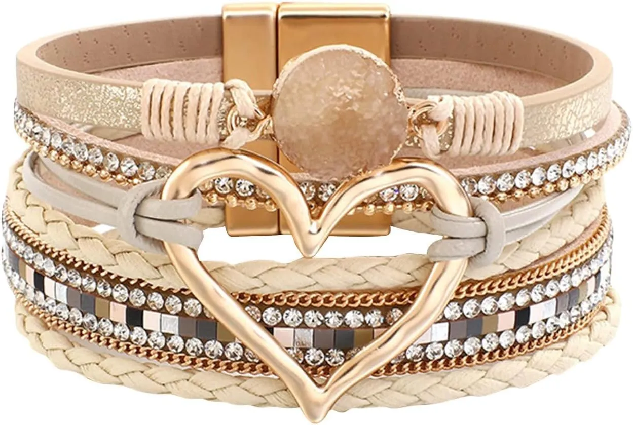 Leopard Bracelet for Women, Boho Leather Wrap Multi-Layer Pearl Crystal Bracelet Bangle Jewelry Gold Bracelets