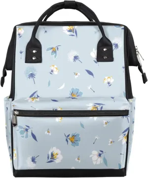 Light Blue Floral Flower Diaper Bag Tote Large Capacity Waterproof with Adjustable Shoulder Strap and Pram Straps Mommy Bag for Hospital Beach Weekender Travel