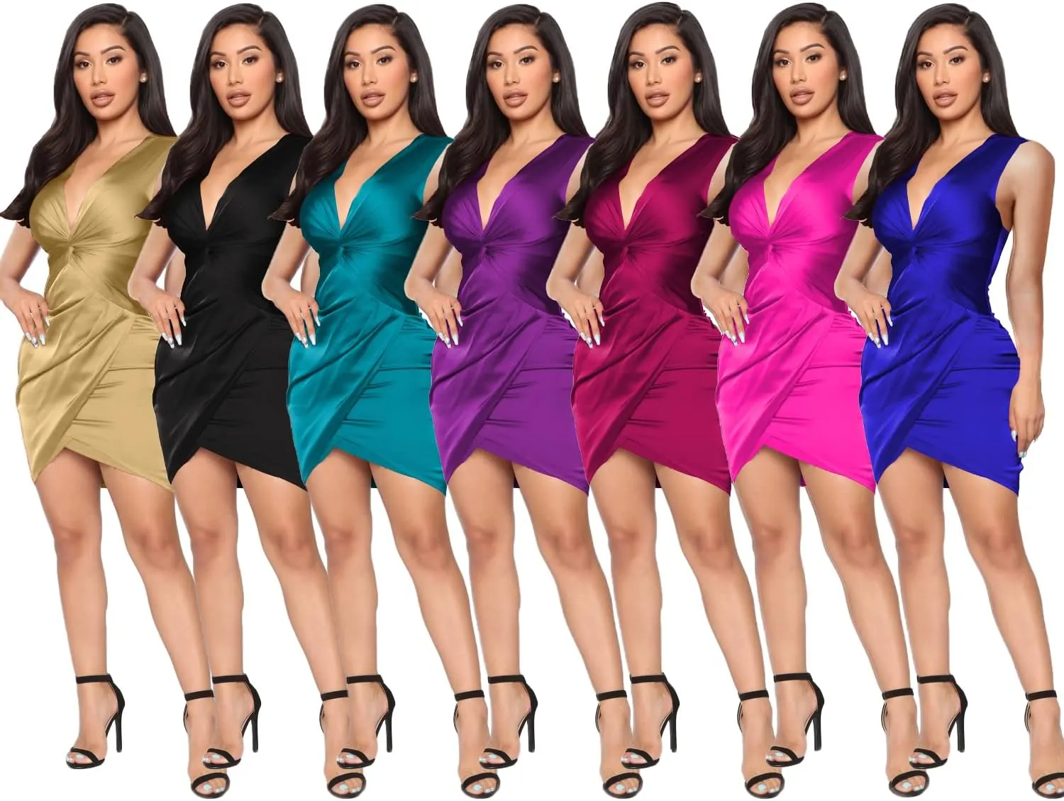 LightlyKiss Womens Midi Wrap Wedding Guest Dress Sleeveless Bodycon Ruched Cocktail Party Dresses