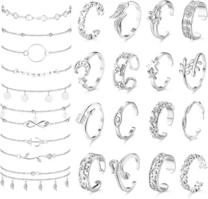 LOLIAS 25pcs Anklets and Toe Rings for Women - Silver & Gold Plated Layered Ankle Bracelets - Flower & Evil Eye Toe Rings for Summer Sandals - Adjustable Foot Jewelry Set