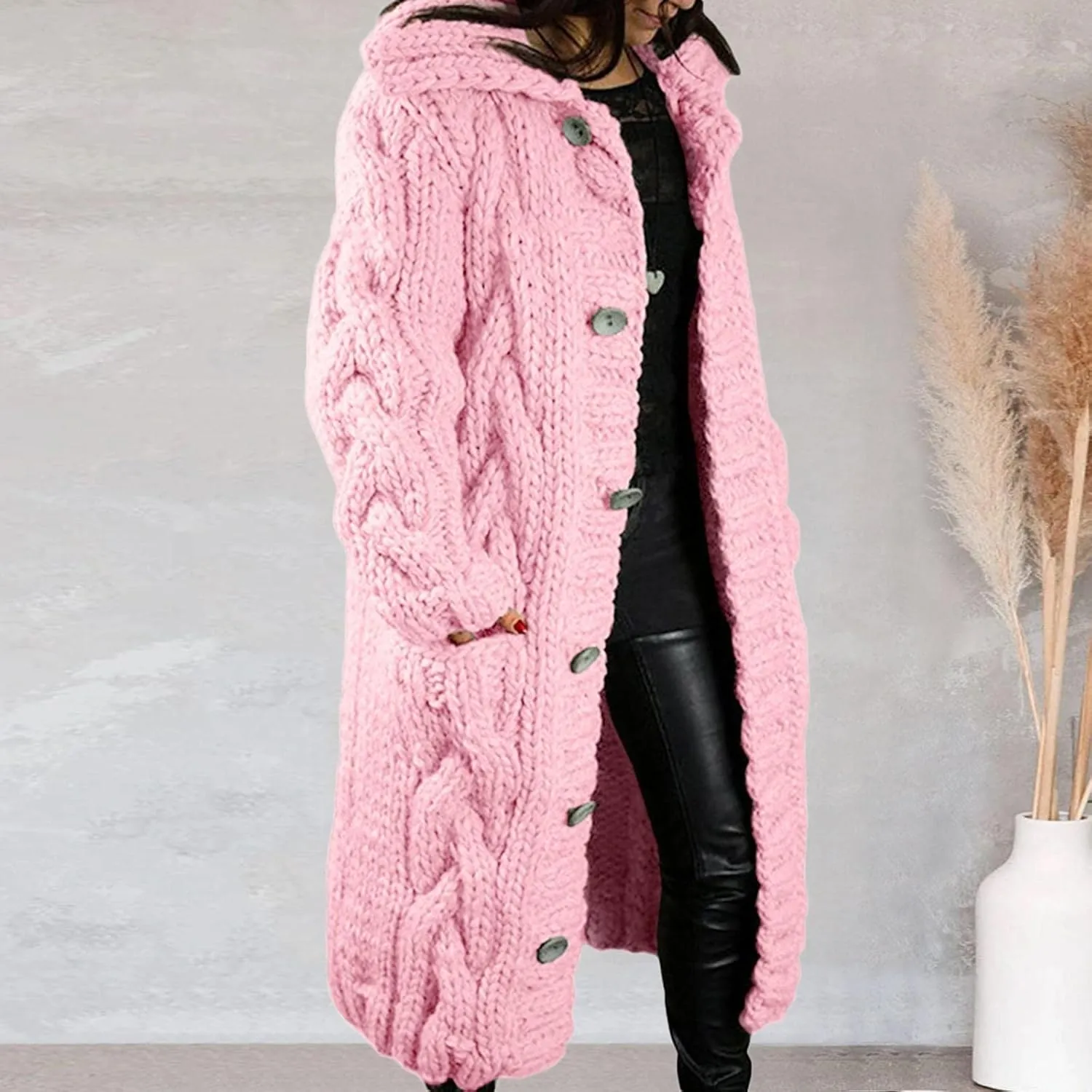 Long Cardigan for Women Long Sleeve Cable Knit Button Up Loose Plain Winter Hooded Trench Coat with Pocket Warm Overcoat
