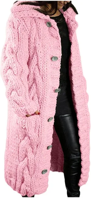 Long Cardigan for Women Long Sleeve Cable Knit Button Up Loose Plain Winter Hooded Trench Coat with Pocket Warm Overcoat