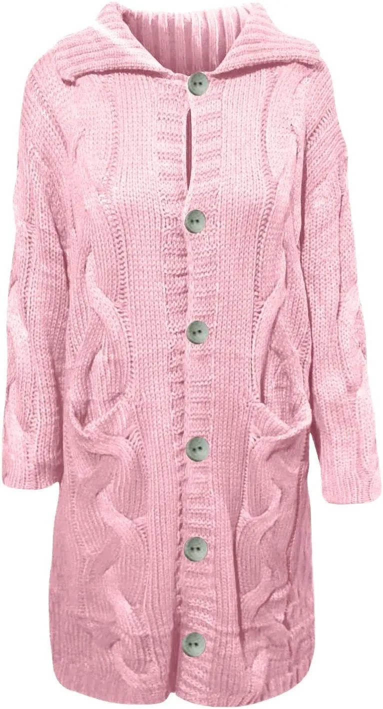Long Cardigan for Women Long Sleeve Cable Knit Button Up Loose Plain Winter Hooded Trench Coat with Pocket Warm Overcoat