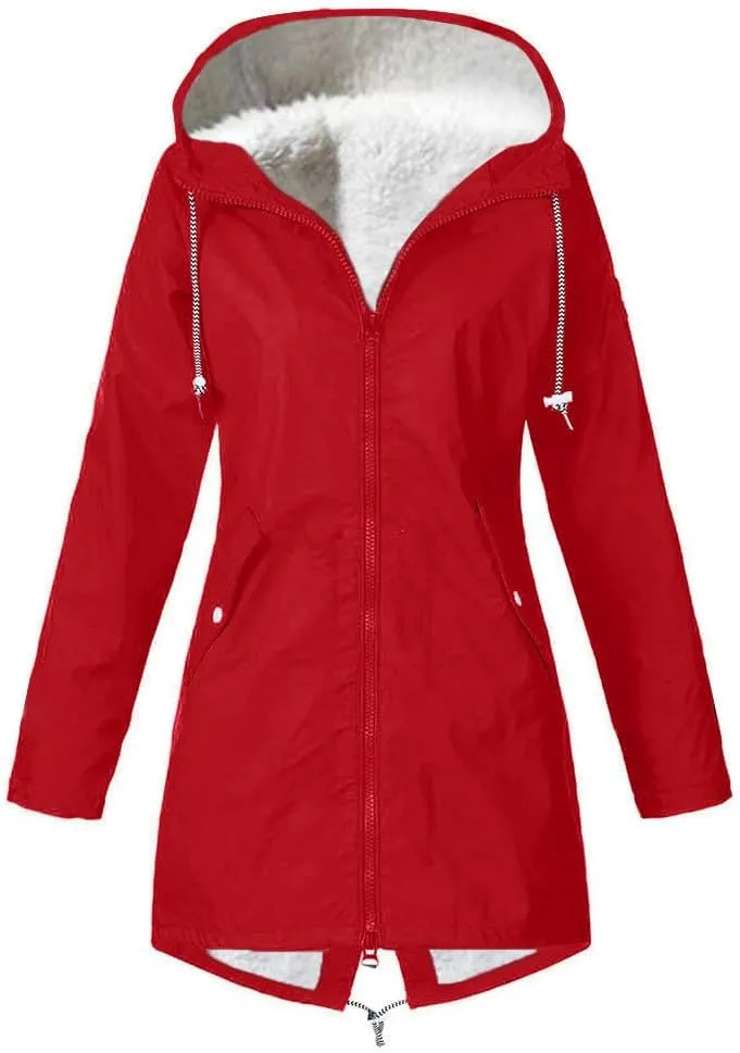 Long Hooded Raincoat Women Waterproof Long Hooded Trench Coat Fleece Lined Windbreaker Climbing Travel Outdoor Jacket