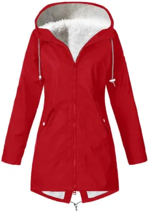 Long Hooded Raincoat Women Waterproof Long Hooded Trench Coat Fleece Lined Windbreaker Climbing Travel Outdoor Jacket