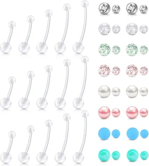 Longita Plastic Pregnancy Belly Button Rings Long Bar Navel Rings for Maternity Sport Pregnant Women Flexible Clear Belly Piercing Retainer Different Length bar and Balls for Replacement 10-32mm