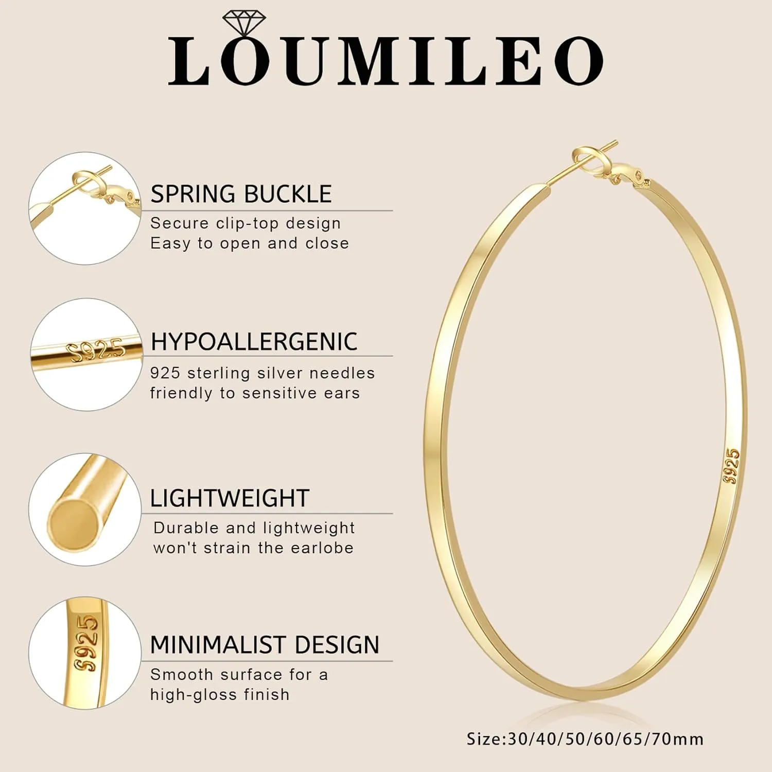 LOUMILEO Sterling Silver Hoop Earrings Large Silver Hoop Earrings for Women Lightweight Big Hoops Earring Hypoallergenic Thin Hoops Earring for Women 30/40/50/60/65/70MM