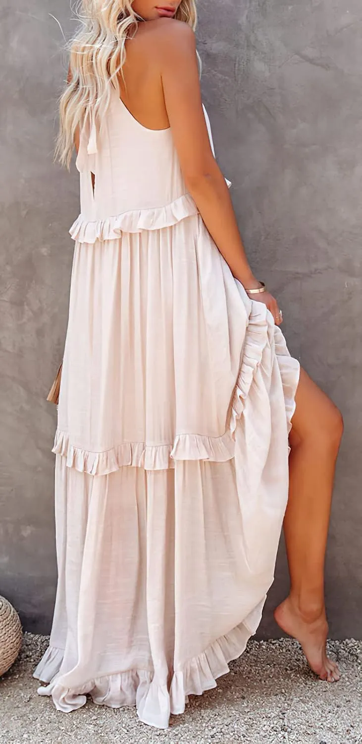 loveimgs Women's Summer Sleeveless Halter Neck Tiered Dress Flowy Ruffle Long Beach Maxi Dress Sundress