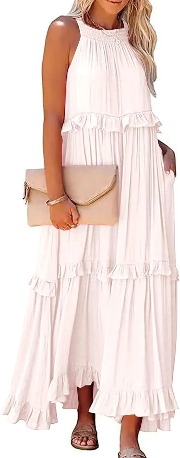 loveimgs Women's Summer Sleeveless Halter Neck Tiered Dress Flowy Ruffle Long Beach Maxi Dress Sundress