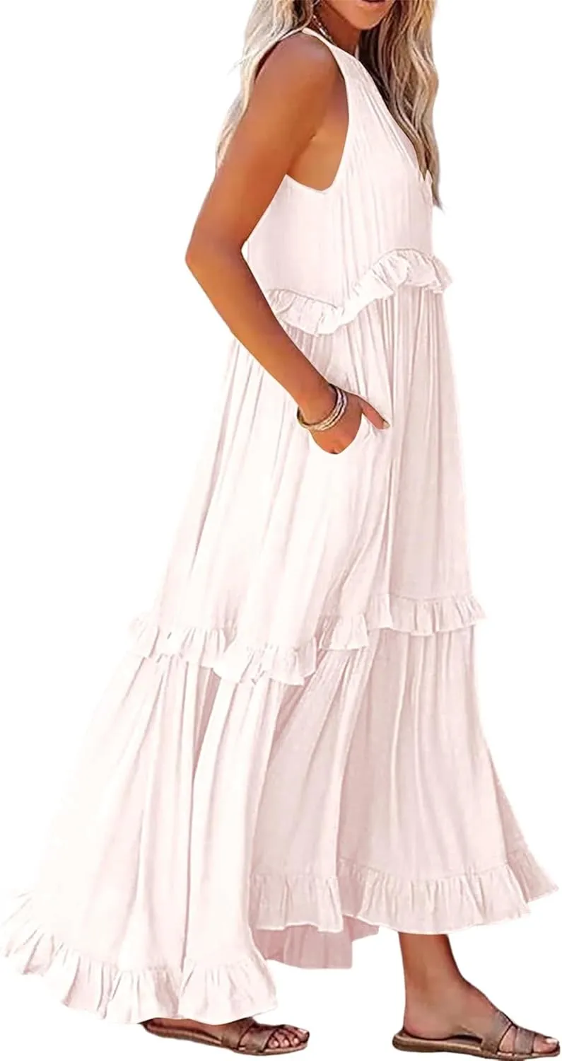 loveimgs Women's Summer Sleeveless Halter Neck Tiered Dress Flowy Ruffle Long Beach Maxi Dress Sundress