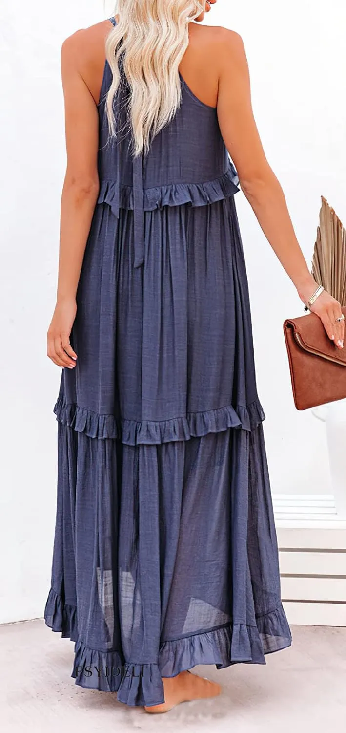 loveimgs Women's Summer Sleeveless Halter Neck Tiered Dress Flowy Ruffle Long Beach Maxi Dress Sundress