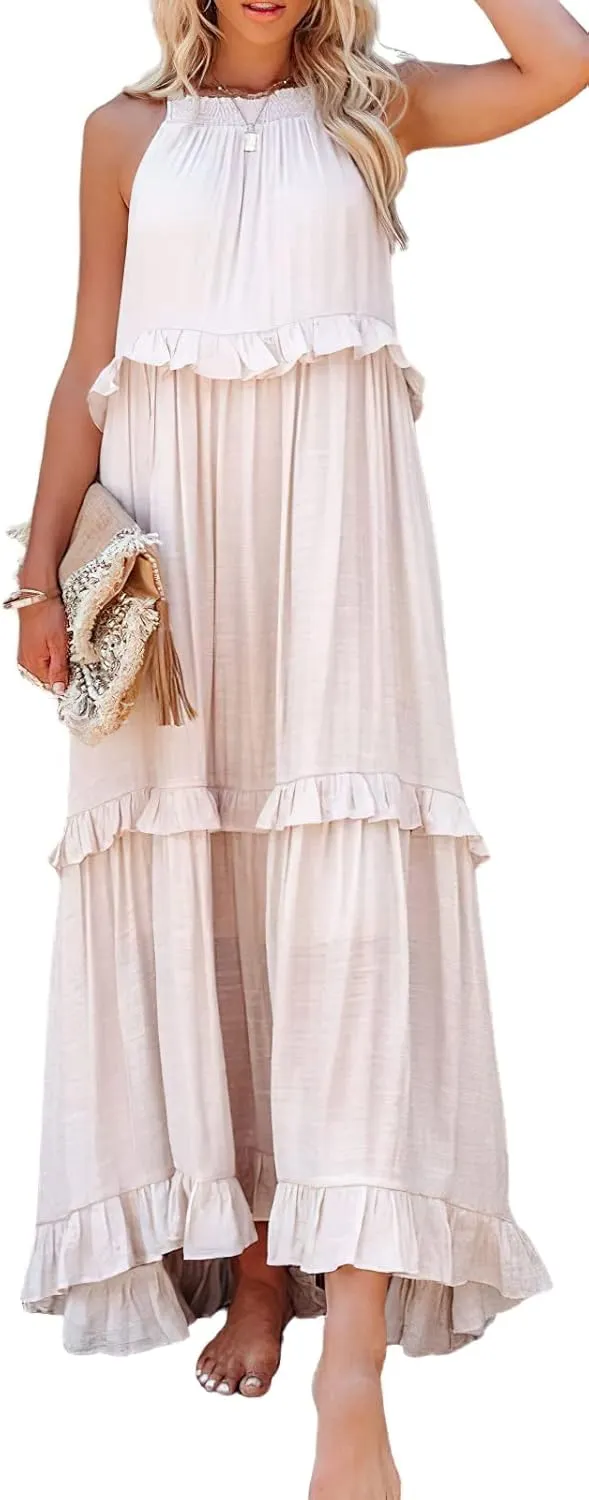 loveimgs Women's Summer Sleeveless Halter Neck Tiered Dress Flowy Ruffle Long Beach Maxi Dress Sundress