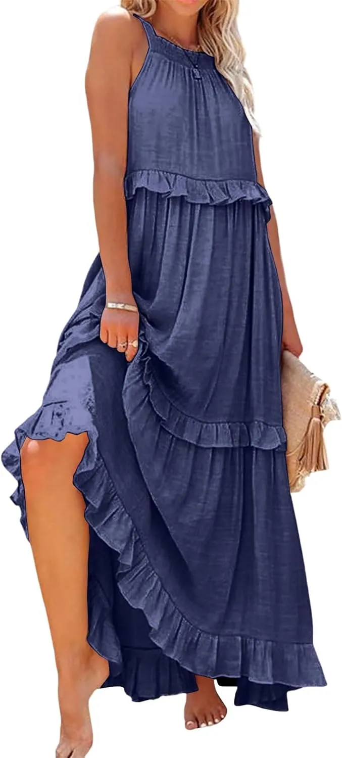 loveimgs Women's Summer Sleeveless Halter Neck Tiered Dress Flowy Ruffle Long Beach Maxi Dress Sundress
