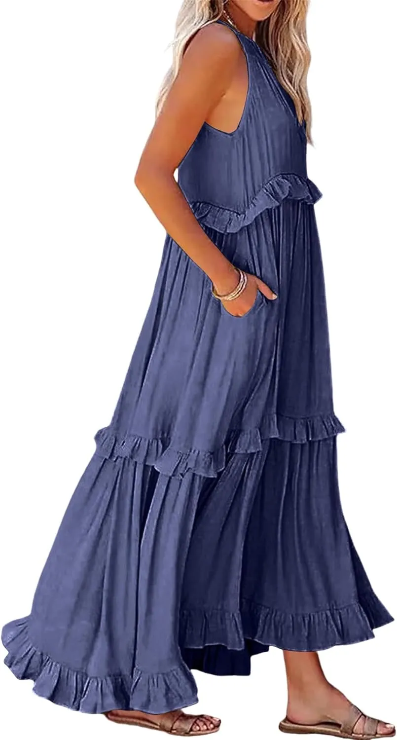 loveimgs Women's Summer Sleeveless Halter Neck Tiered Dress Flowy Ruffle Long Beach Maxi Dress Sundress