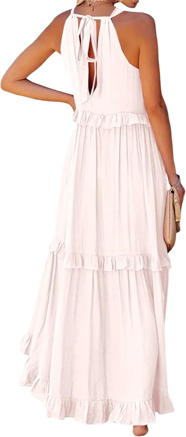 loveimgs Women's Summer Sleeveless Halter Neck Tiered Dress Flowy Ruffle Long Beach Maxi Dress Sundress