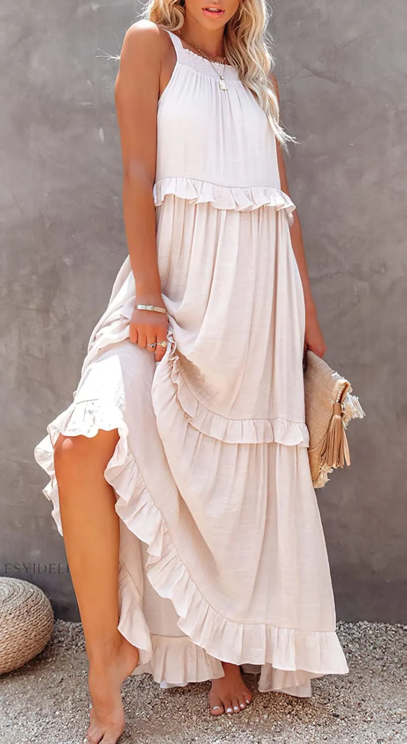 loveimgs Women's Summer Sleeveless Halter Neck Tiered Dress Flowy Ruffle Long Beach Maxi Dress Sundress