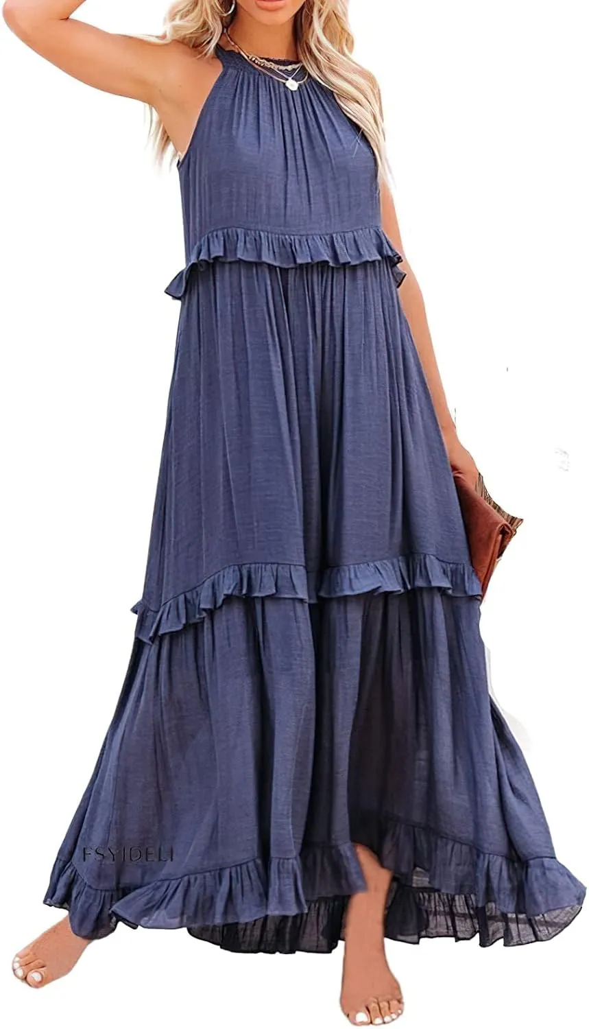 loveimgs Women's Summer Sleeveless Halter Neck Tiered Dress Flowy Ruffle Long Beach Maxi Dress Sundress