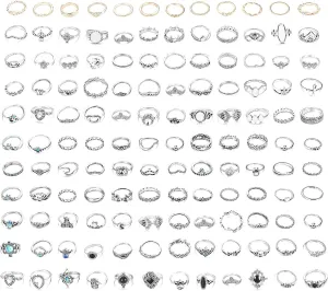 LOYALLOOK 132PCS Bohemia Knuckle Ring Set Women Hollow Silver Fashion Finger Rings Vintage Stackable Knuckle Midi Rings Set