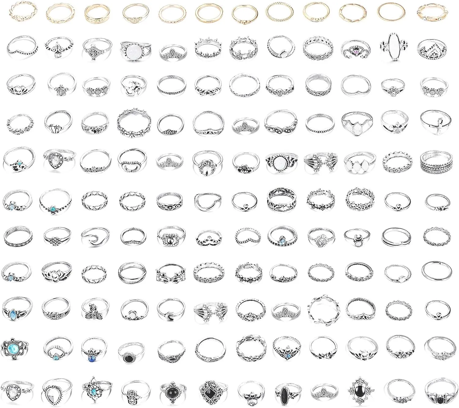LOYALLOOK 132PCS Bohemia Knuckle Ring Set Women Hollow Silver Fashion Finger Rings Vintage Stackable Knuckle Midi Rings Set