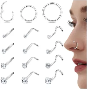 LOYALLOOK 15Pcs Nose Rings Studs-316L Surgical Steel Gold Nose Rings for Women Men Hypoallergenic L Shape/Corkscrew/Straight Nose Studs Hinged Clicker Segment Nose Rings Hoops 18G 20G Nose Piercing Jewelry