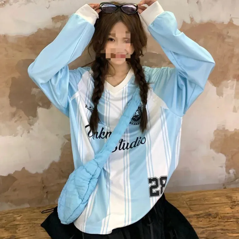 LVSANW American retro casual fashion V-neck women contrasting striped long sleeved T-shirt y2k sports loose fitting jersey gothic