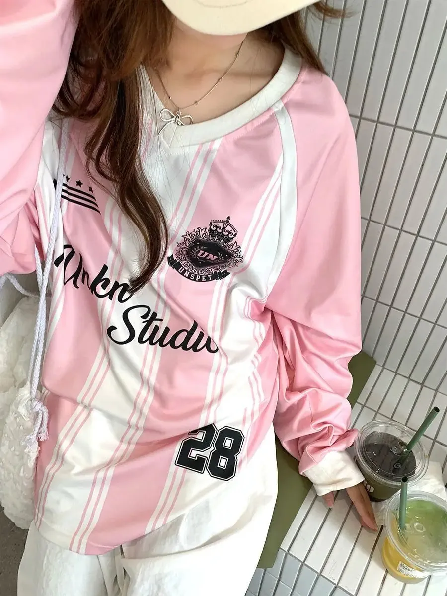 LVSANW American retro casual fashion V-neck women contrasting striped long sleeved T-shirt y2k sports loose fitting jersey gothic