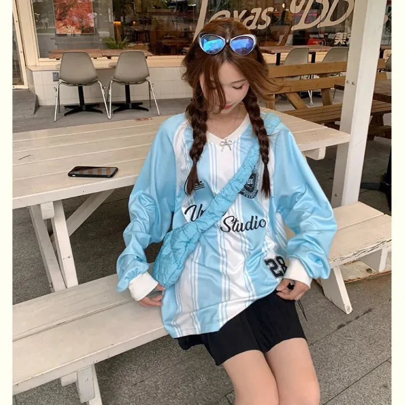 LVSANW American retro casual fashion V-neck women contrasting striped long sleeved T-shirt y2k sports loose fitting jersey gothic