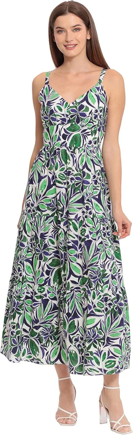 Maggy London Women's V-Neck Cotton Tiered Maxi Vacation Resort Event Guest of