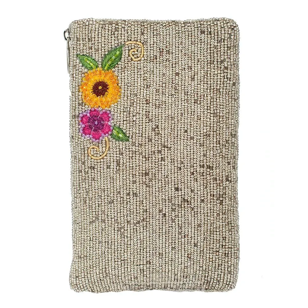Mary Frances Fierce Beaded Embroidered Budding Romance Silver Crossbody Phone Bag Glasses Silver