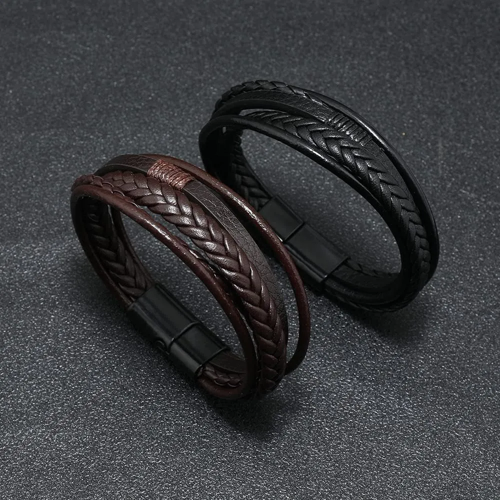 Men's Black Leather Multi-Strand Bracelet Casual Brown Braided Bracelet