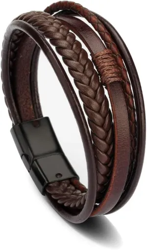 Men's Black Leather Multi-Strand Bracelet Casual Brown Braided Bracelet