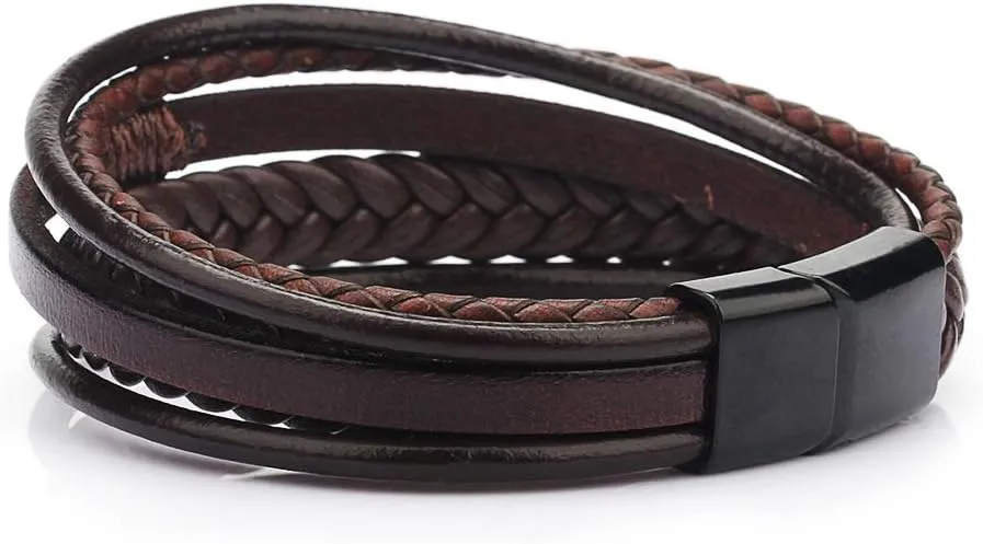 Men's Black Leather Multi-Strand Bracelet Casual Brown Braided Bracelet
