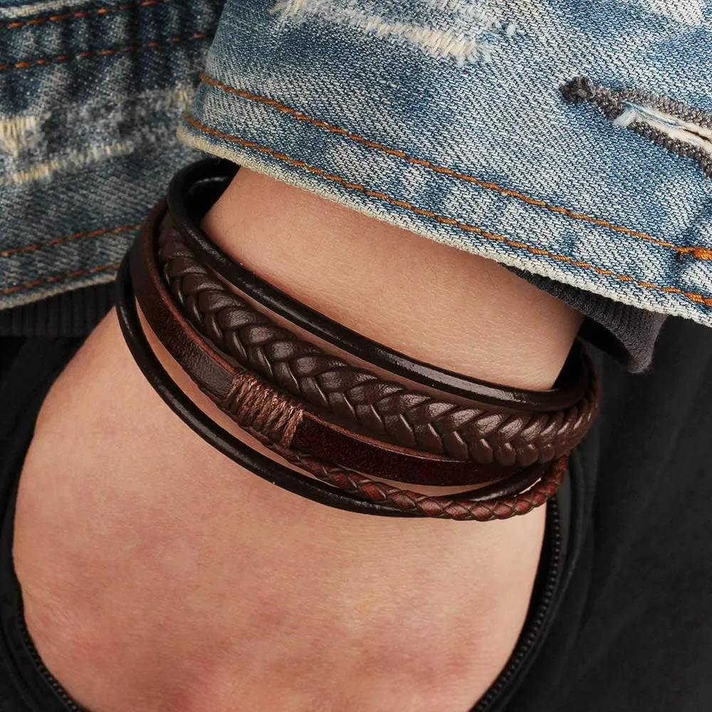 Men's Black Leather Multi-Strand Bracelet Casual Brown Braided Bracelet