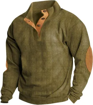Mens Corduroy Button Stand Collar Sweatshirt Casual Cotton Long Sleeve Outdoor Vintage Pullover