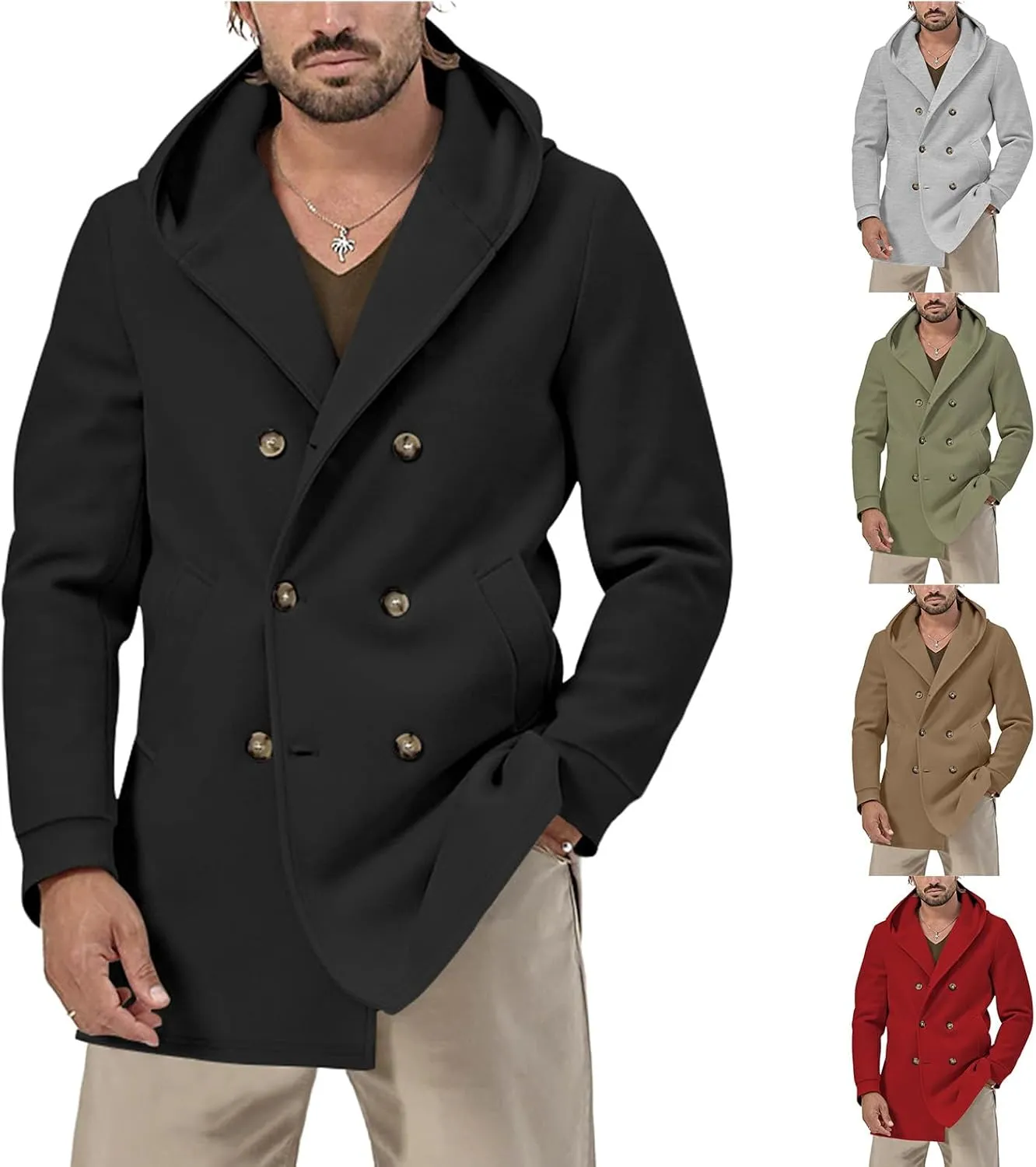 Men's Wool Blend Pea Coat Casual Trench Coat Hooded Collar Double Breasted Overcoat Slim Fit Mid Long Jacket for Spring