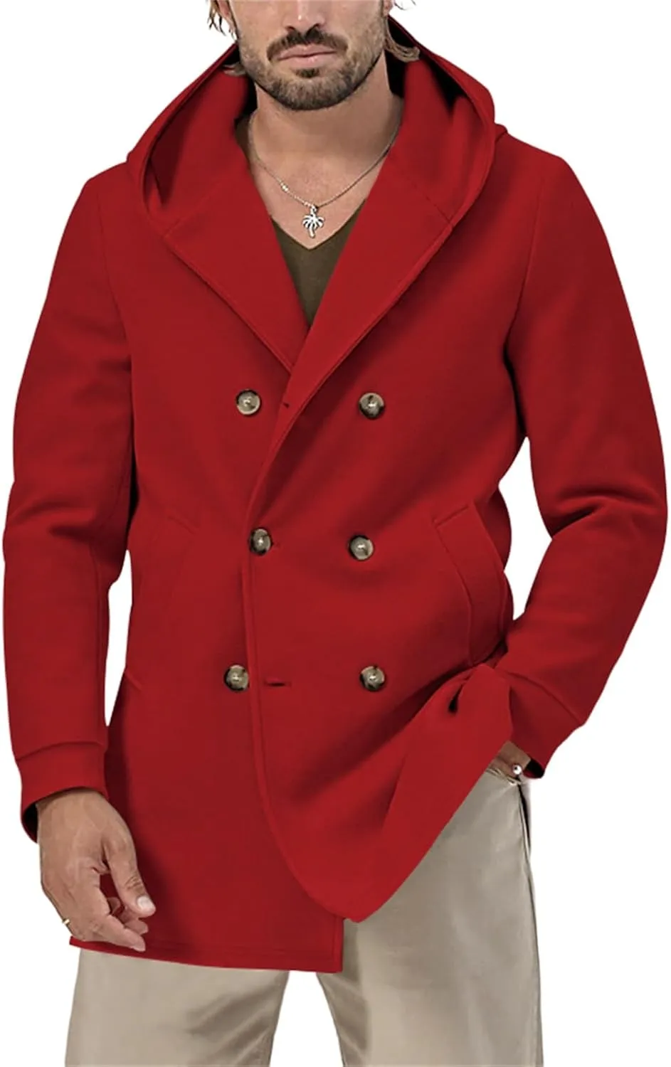 Men's Wool Blend Pea Coat Casual Trench Coat Hooded Collar Double Breasted Overcoat Slim Fit Mid Long Jacket for Spring