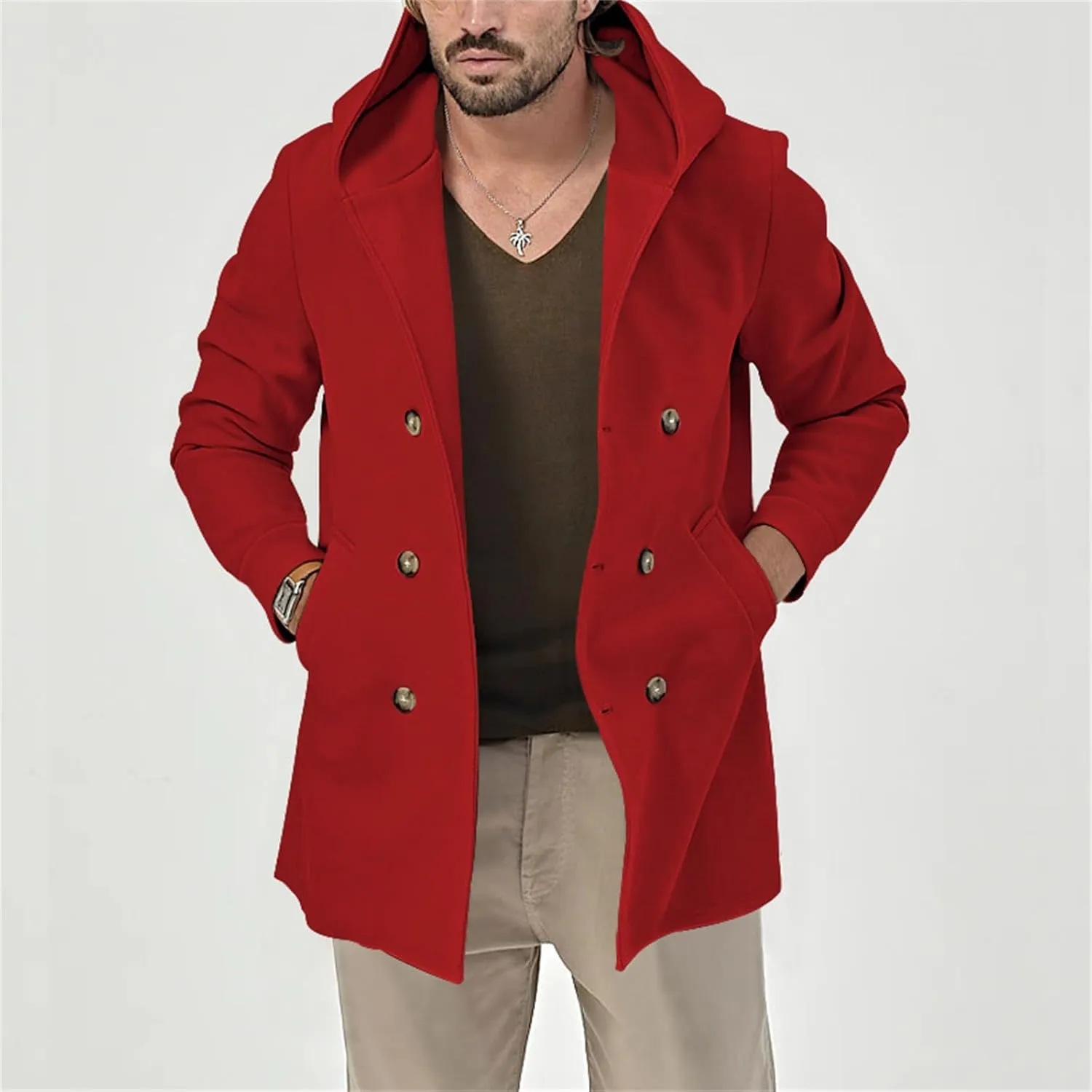 Men's Wool Blend Pea Coat Casual Trench Coat Hooded Collar Double Breasted Overcoat Slim Fit Mid Long Jacket for Spring