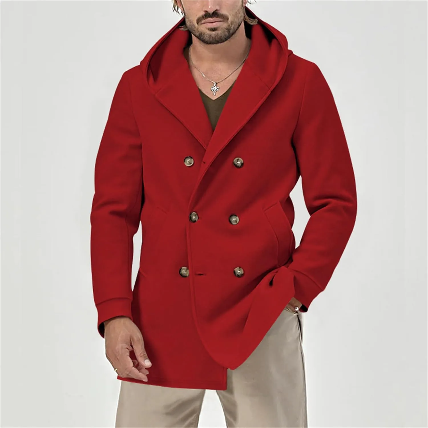 Men's Wool Blend Pea Coat Casual Trench Coat Hooded Collar Double Breasted Overcoat Slim Fit Mid Long Jacket for Spring