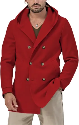 Men's Wool Blend Pea Coat Casual Trench Coat Hooded Collar Double Breasted Overcoat Slim Fit Mid Long Jacket for Spring