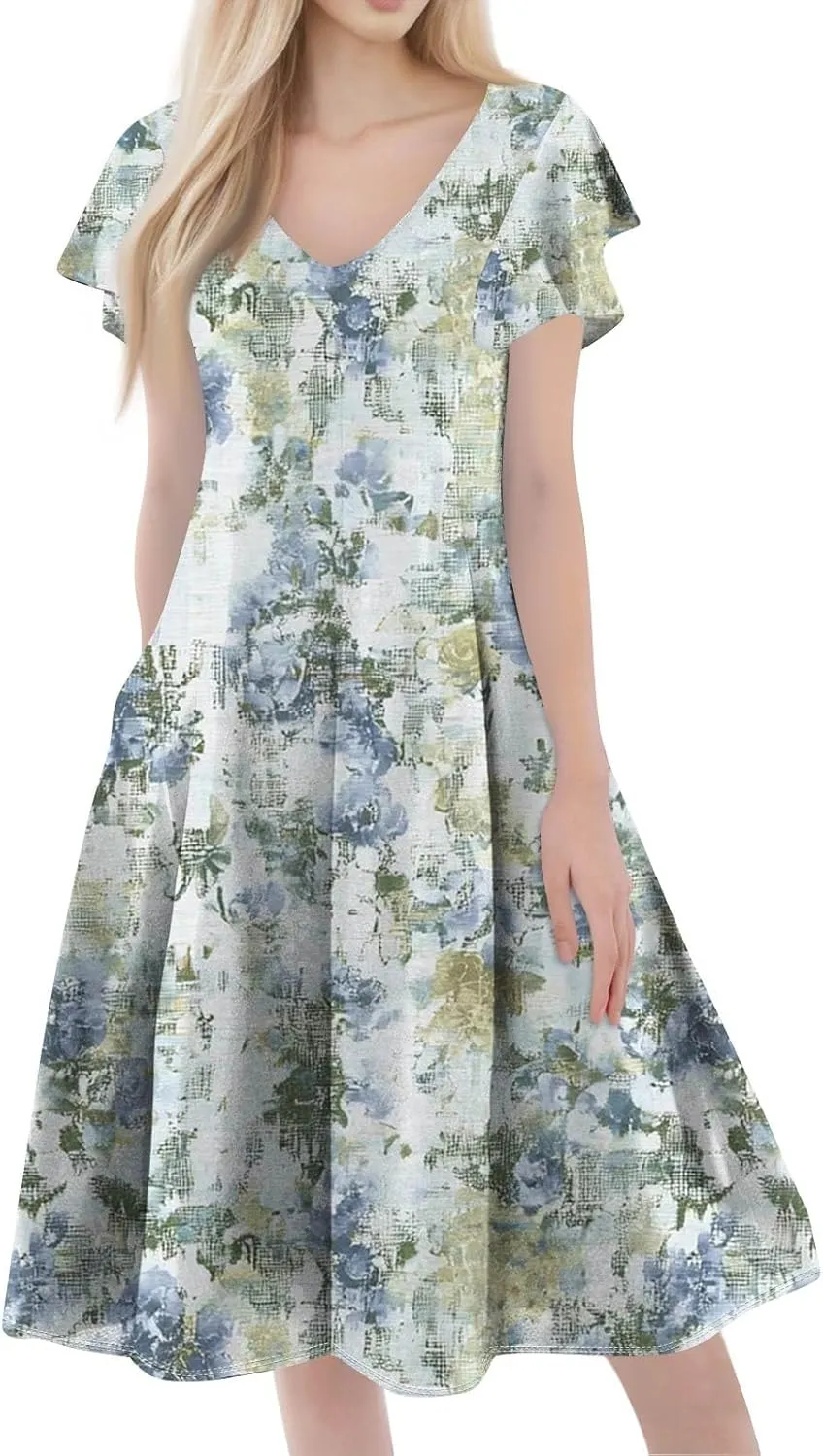 Midi Dresses Short Sleeve Deep V Neck Summer Casual Plus Size Split Trendy Casual Wedding Guest Dresses for Women Long