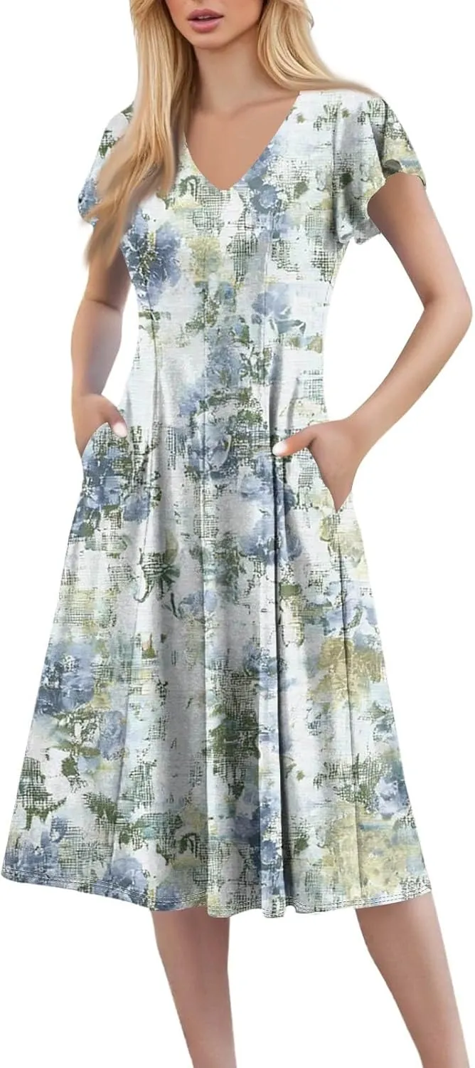 Midi Dresses Short Sleeve Deep V Neck Summer Casual Plus Size Split Trendy Casual Wedding Guest Dresses for Women Long