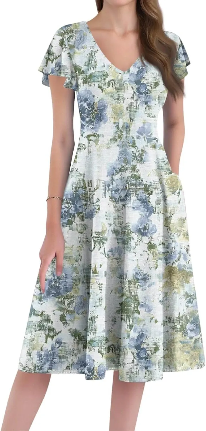 Midi Dresses Short Sleeve Deep V Neck Summer Casual Plus Size Split Trendy Casual Wedding Guest Dresses for Women Long